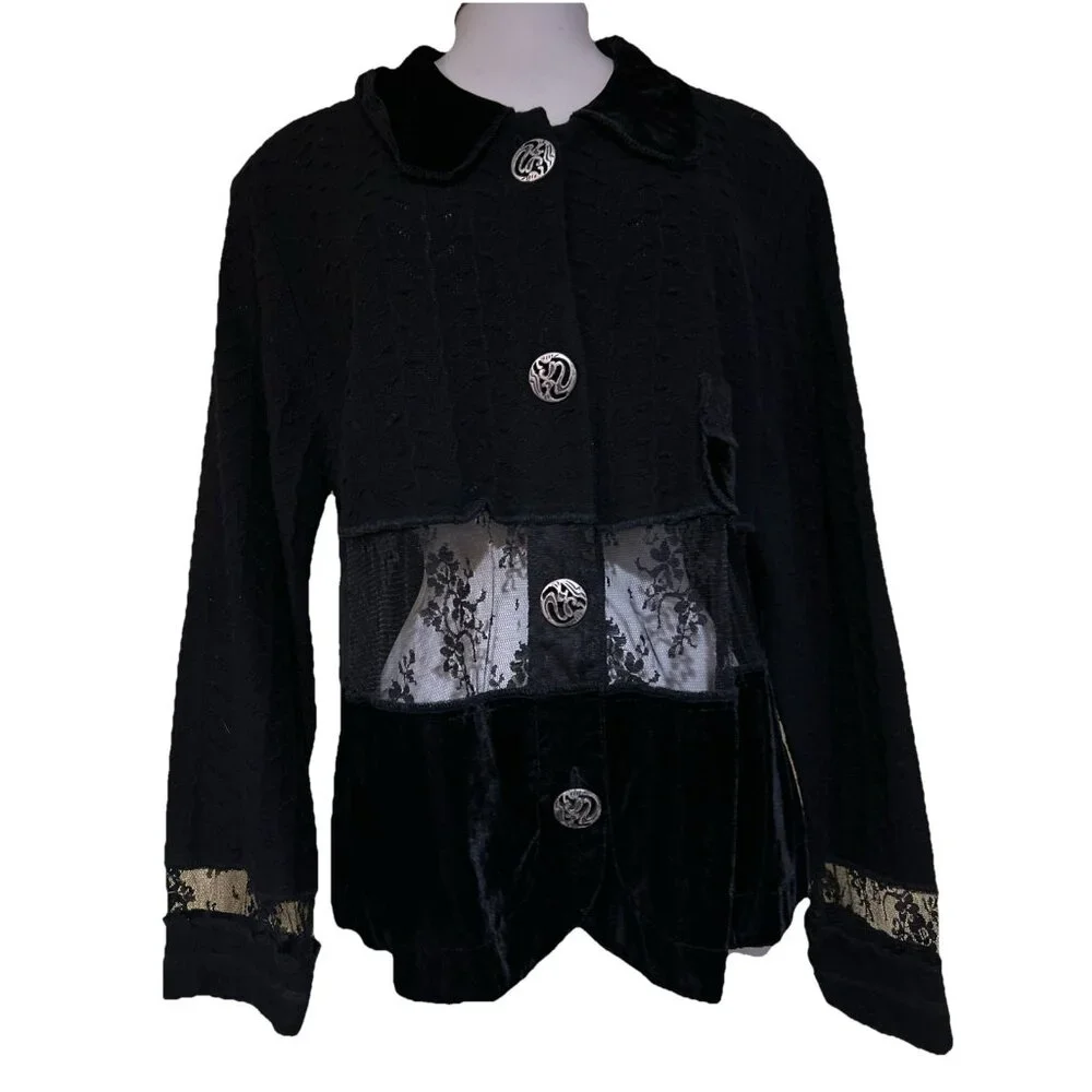 Witchy Jacket Womens L Black Velvet Patchwork Lace Crop Peek WhimsiGoth Fairy - Picture 1 of 13